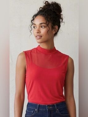 Vince Camuto Red Sheer Mock-Neck Sleeveless Top